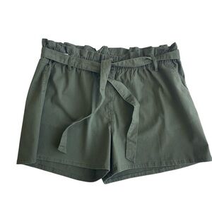 Ava & Viv Olive Green Belted Paperbag Shorts Pockets Elastic Cotton Blend 2X New